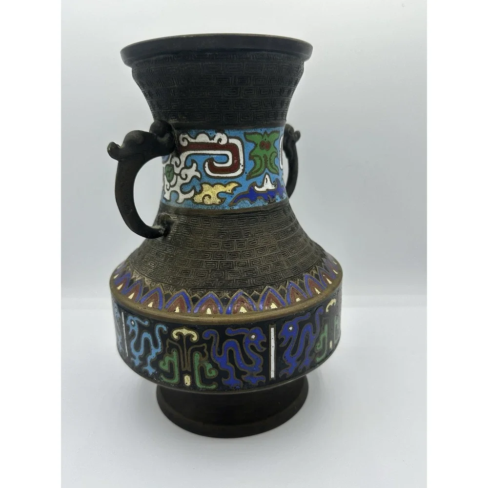 Antique Japanese Enamel Cloisonne Champleve‎ Bronze Vase 10
